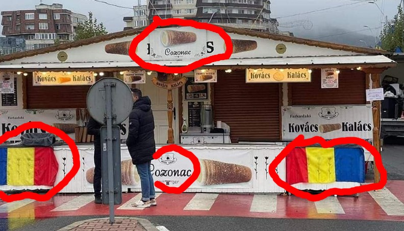 Román zászlókkal és szavakkal takarták el a "kürtős kalács" feliratokat Nagybányán