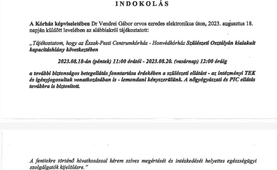 Két napig nem fogadnak szülő nőket a Honvédkórházban, mert nincs erre kapacitás