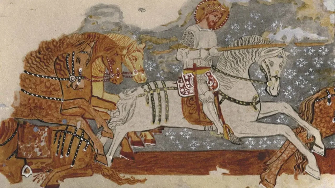 Fresco fragment in the church of Székelyderzs showing King Saint László as a knight.