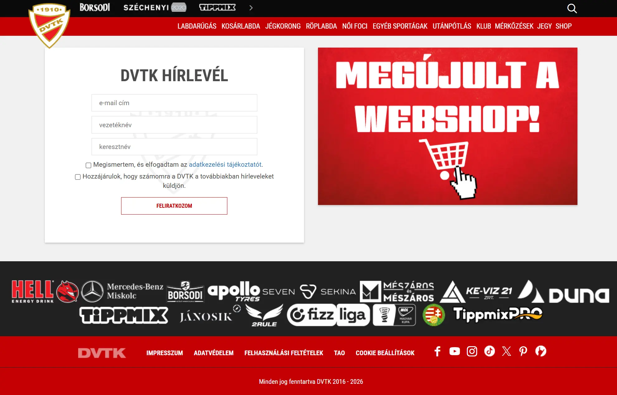 A DVTK weboldalának képernyőképe (2026. január eleji állapot)