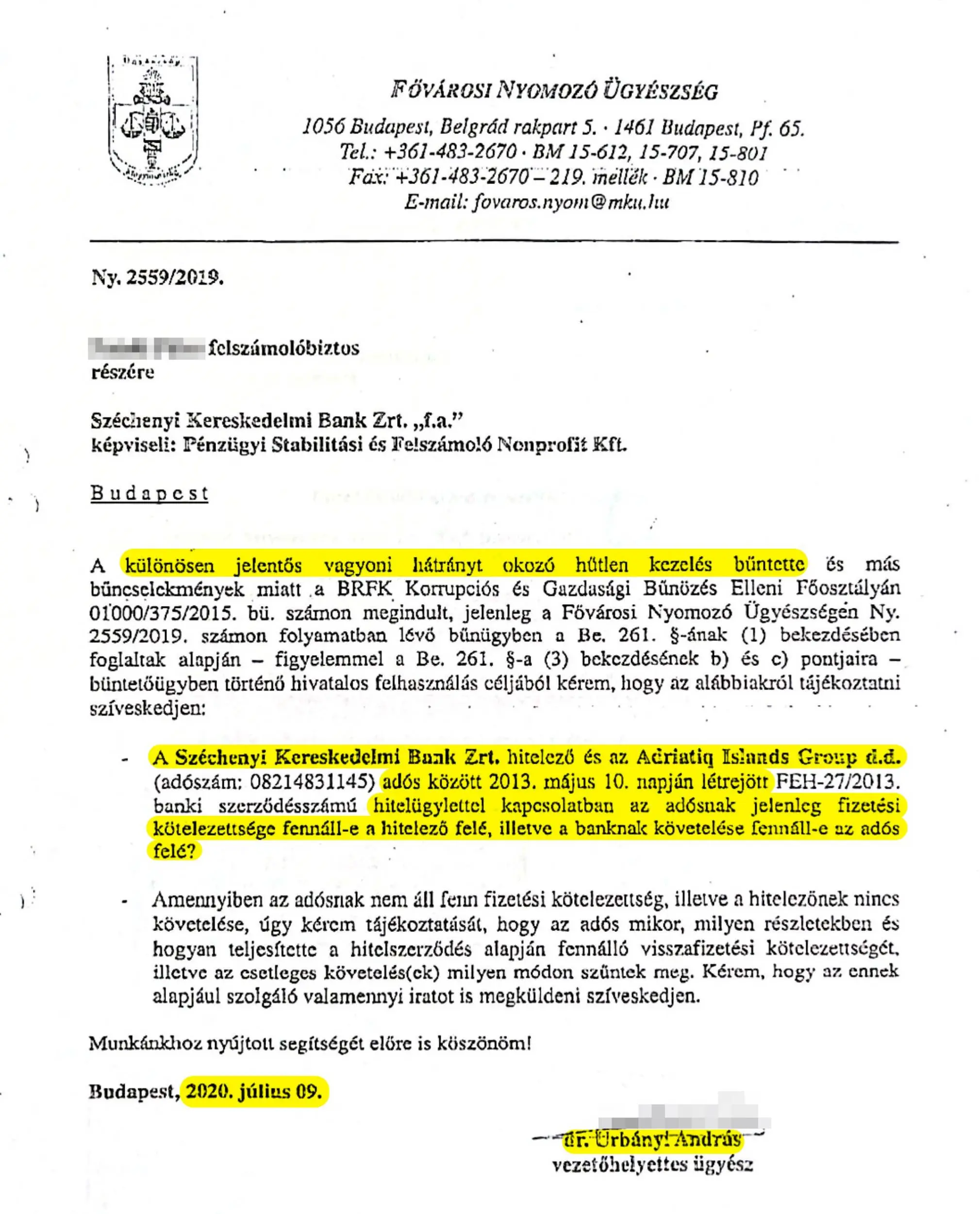 Dr. Urbányi András megkeresése a Széchenyi Bank felszámolójához | Forrás: Vitézy Tamás