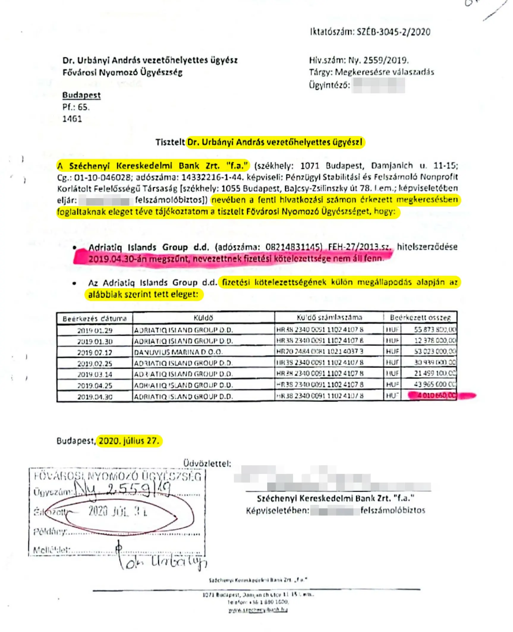A Széchenyi Bank felszámolójának válasza az ügyészi megkeresésre | Forrás: Vitézy Tamás