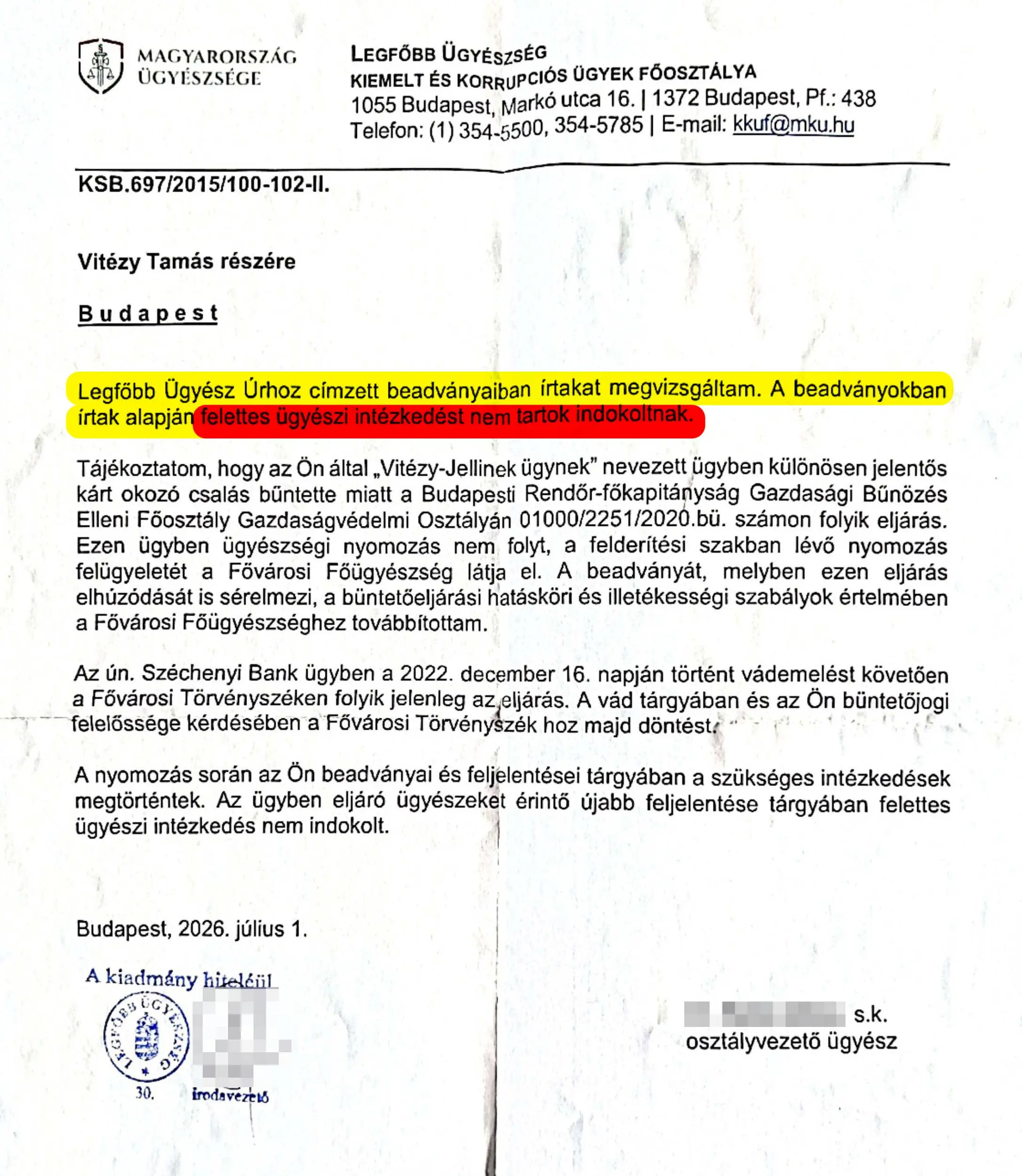 A Legfőbb Ügyészség válasza | Forrás: Vitézy Tamás