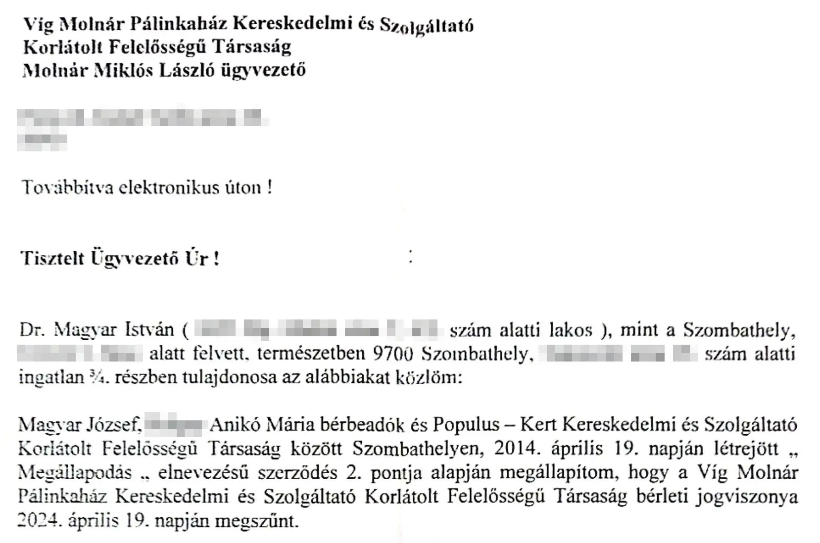 Dr. Magyar István ügyvéd a levelében a bérleti szerződésre hivatkozik | Forrás: A Magyar Jelenhez eljuttatott dokumentumok