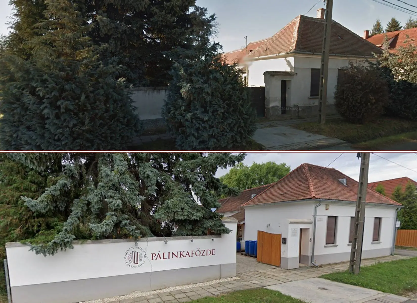 A Magyar-Molnár Pálinkaház 2012-ben (felül) és 2021-ben (alul) – a felújítás 2014-ben történt | Képek forrása: Google Maps