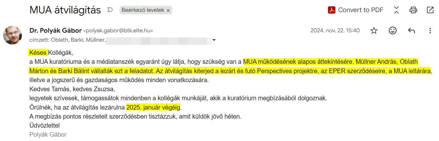 Polyák Gábor 2024. november 22-én kelt levele az átvilágítás elrendeléséről | Forrás: ELTE Média akták
