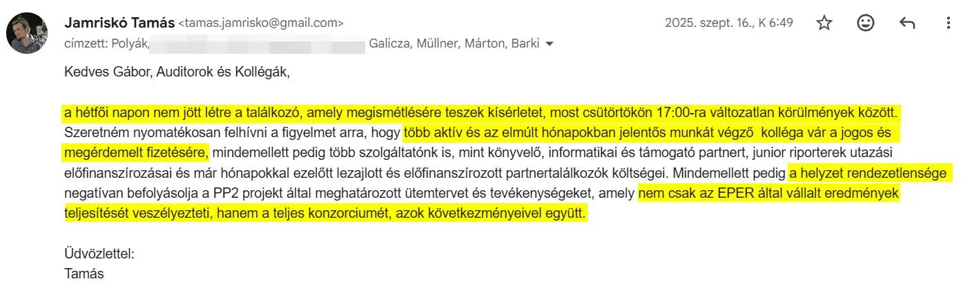 Jamriskó Tamás főszerkesztő találkozóra tett kísérlete | Forrás: ELTE Média akták