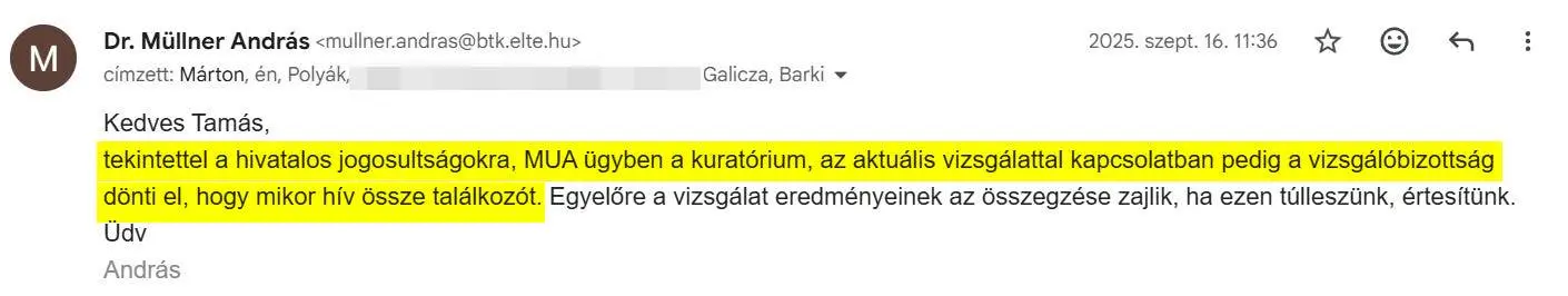 Müllner válasza Jamriskó kérésére | Forrás: ELTE Média akták