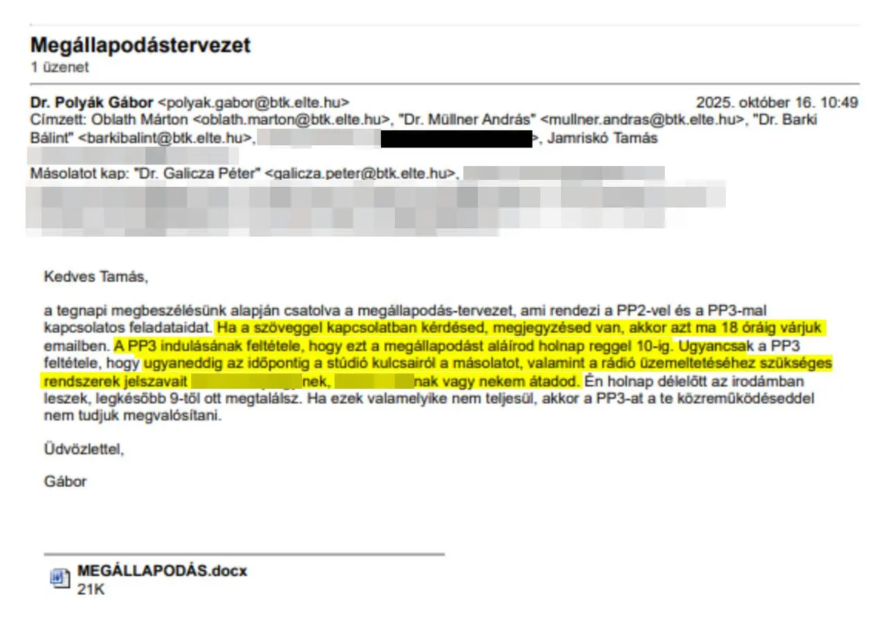 Polyák Gábor szűk határidőket tartalmazó levele | Forrás: ELTE Média akták