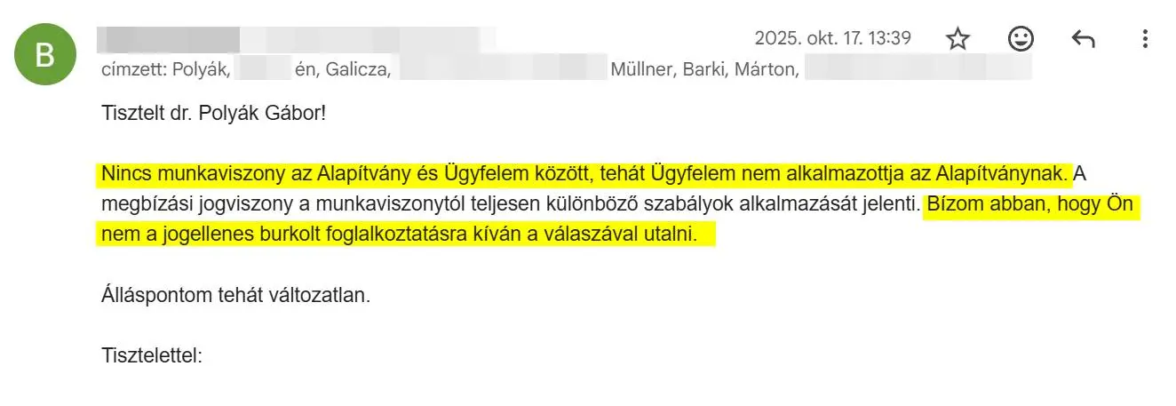 Az ügyvédnő válasza a burkolt foglalkoztatásra gyanút adó kijelentésre | Forrás: ELTE Média akták