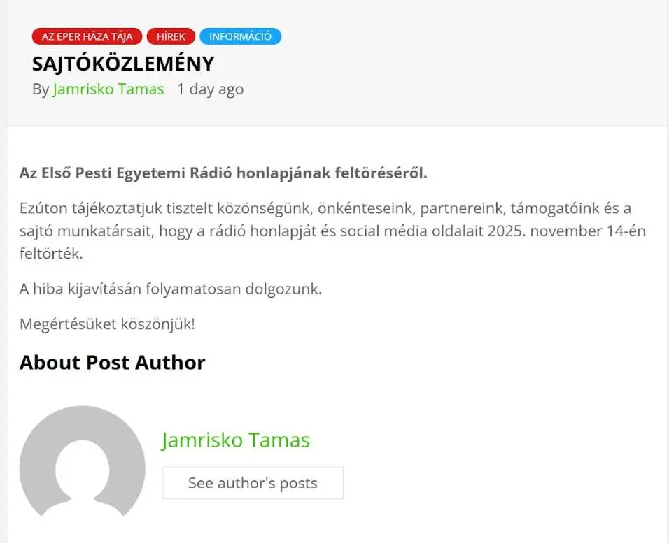 A MUA által Jamriskó Tamás nevében kiadott, feltörésre hivatkozó valótlan tartalmú közlemény | Forrás: ELTE Média akták