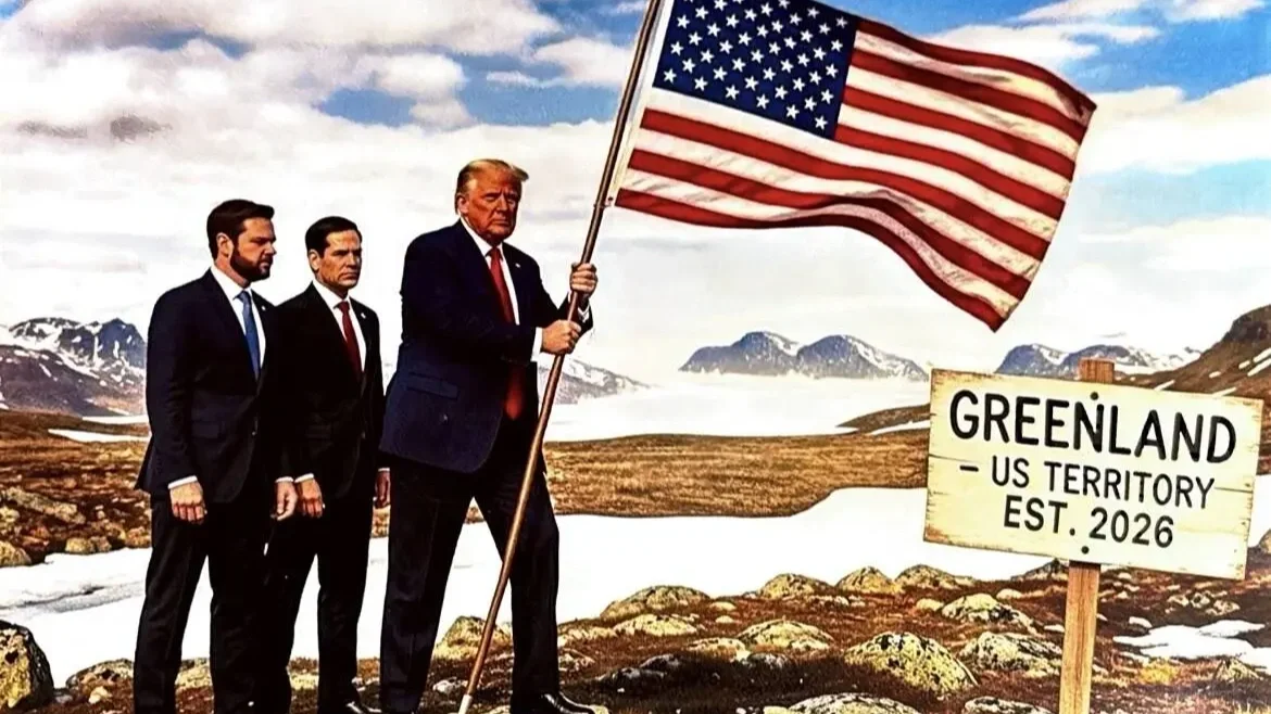 Az amerikai elnök által korábban posztolt képen Trump – J. D. Vance alelnök és Marco Rubio külügyminiszter társaságában – kitűzi az amerikai zászlót Grönlandon, ahol tábla jelzi: Grönland 2026 óta az Egyesült Államok fennhatósága alatt álló terület