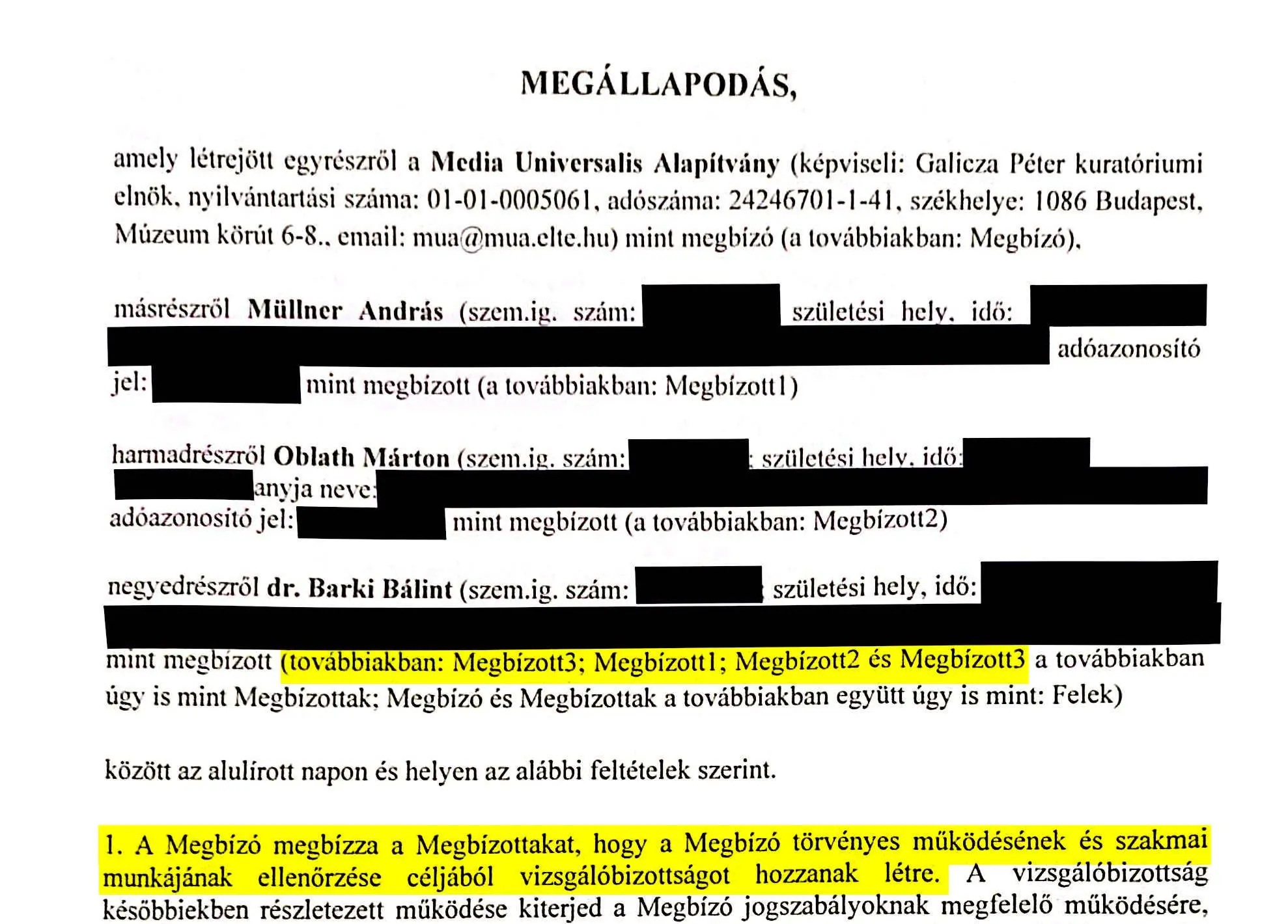 Részlet az auditorok szerződéséből | Forrás: ELTE Média akták