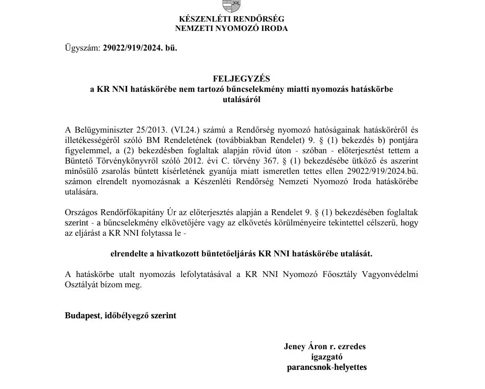 Ebben a levélben kért engedélyt Jeney Áron arra, hogy az NNI átvehesse a kekva ügyében induló nyomozást - Fotó: Magyar Hang